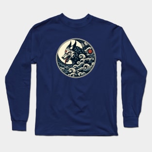 Blue wolf in clouds japanese art Long Sleeve T-Shirt